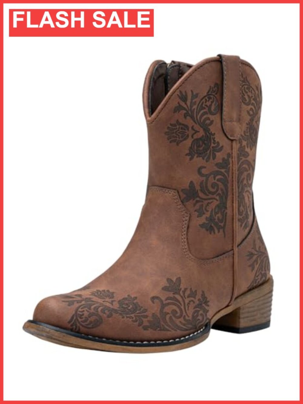 Square Toe Ankle Cowboy Boots Faux Leather Low Block Heel Western Booties